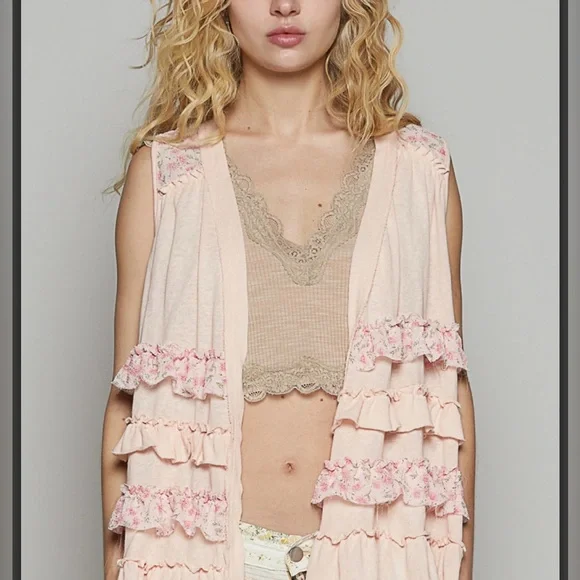 POL NWT Pink Ruffled Sleeveless Cardigan/Vest. Cotton/Poly Blend - Picture 5 of 7